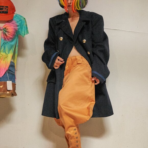 1960s Wool Uniform Pea Coat Gold Buttons and Blue Stripe Sleeve - Picture 2 of 13